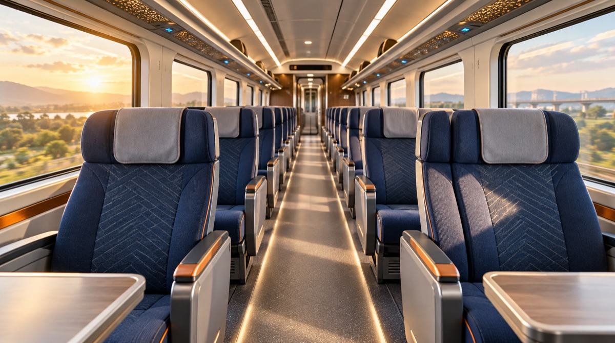 Illustrative modern Vande Bharat chair-car interior. Actual coach interiors may differ.
